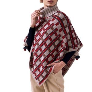 Sol Check Print Peruvian Baby Alpaca Poncho Turtleneck Sweater -